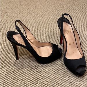 Auth Christian Louboutin satin peep toe heels 6.5